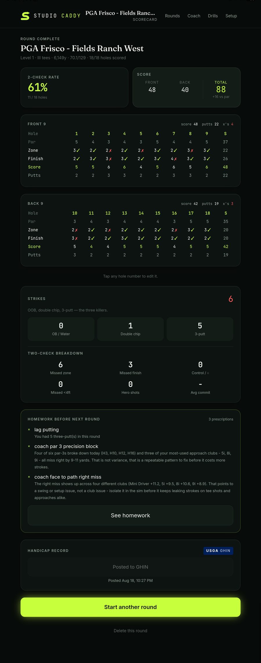 Completed two-game scorecard posted to GHIN
